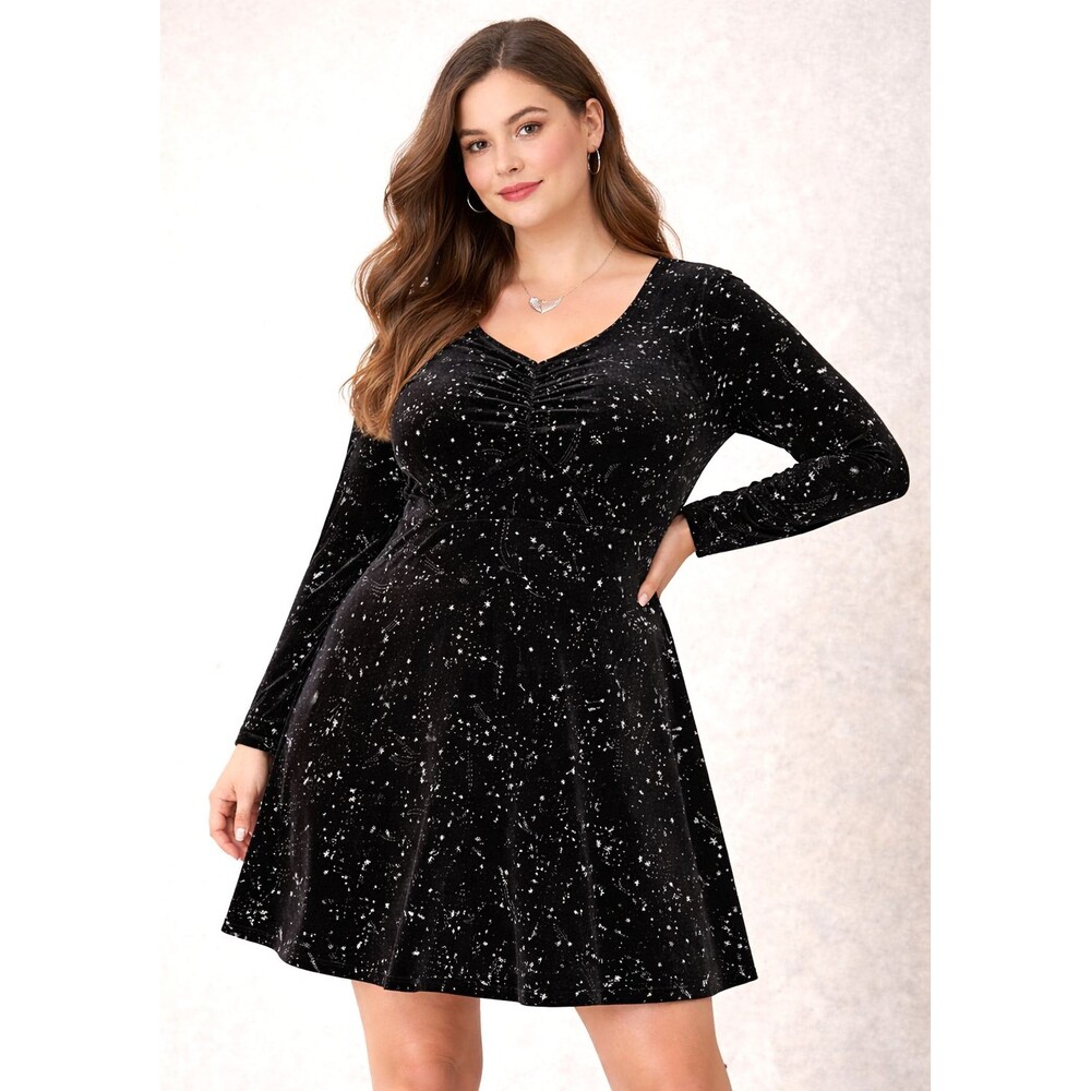 Agnes Orinda 2X Witchy Celestial Galaxy Velvet Dress Black Sparkle Star
